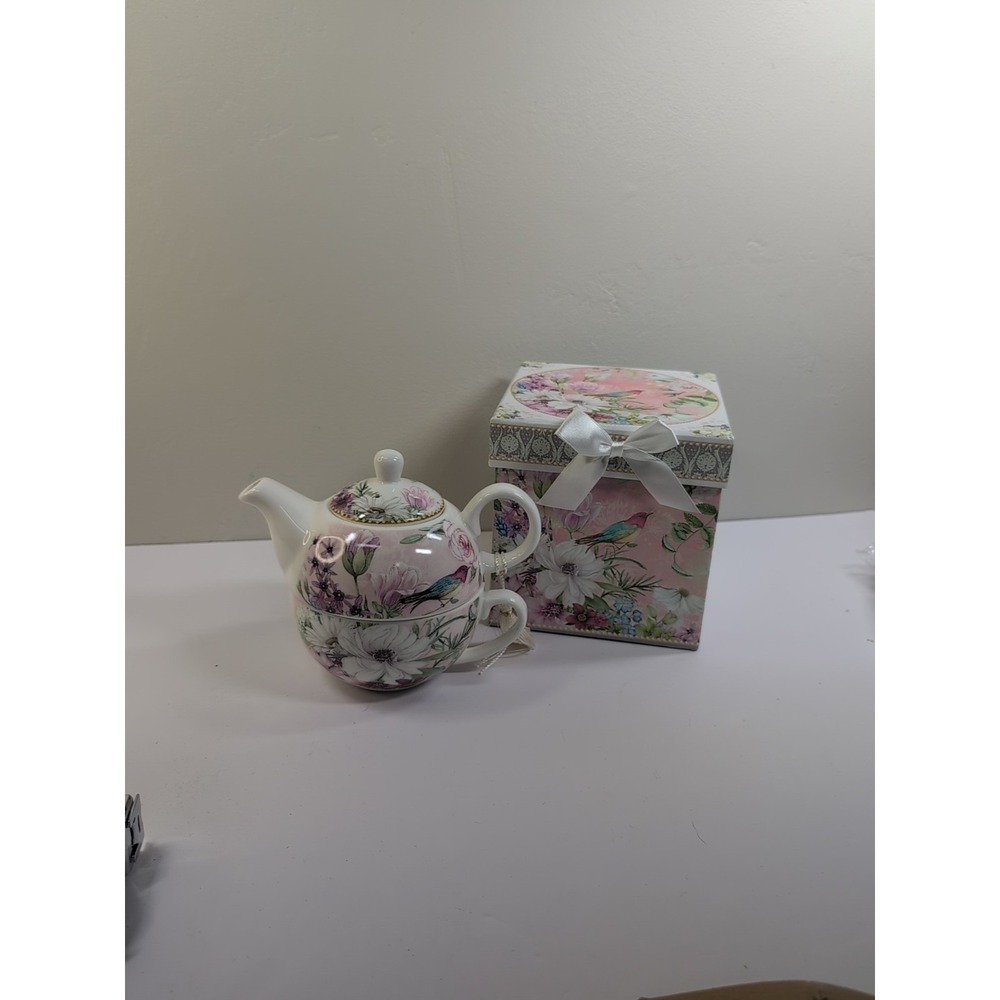 Summer River Tea‎ for One Floral Bird Teapot w/Stackable Mug Cup Gift